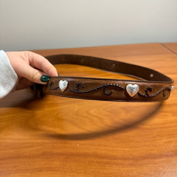 Tony Lama Accessories - Tony Lama Women Brown Leather Silver Heart Engraved Western Belt Concho Taper 34